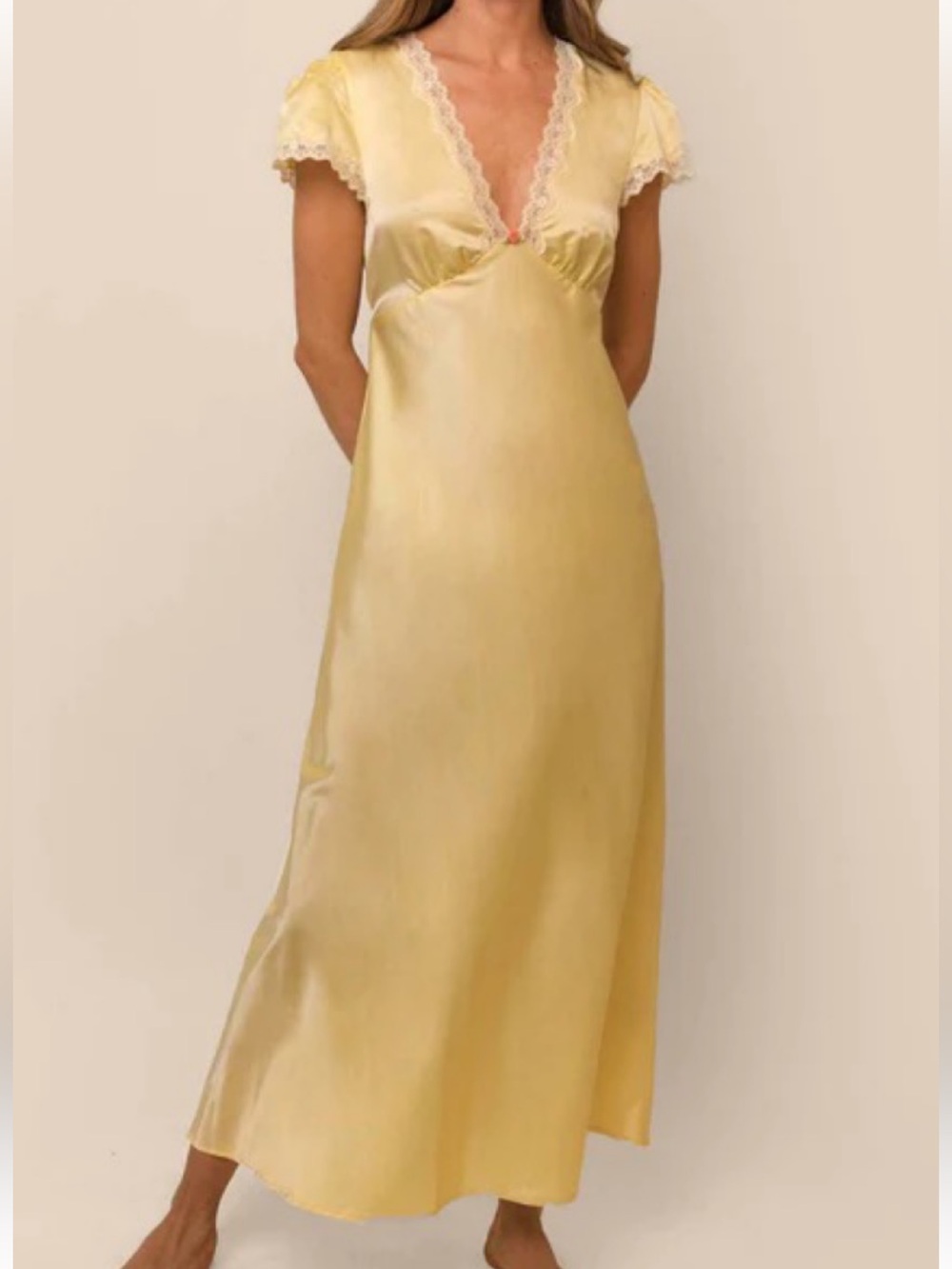 RIXO Clarice Lace Trim Satin Silk Cotton Buttercup Yellow Nightwear Inspired SM